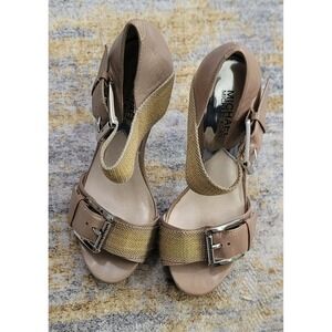 Michael Kors Women's Faith Taupe Glazed Leather Sandal Heels‎ Size 7 M